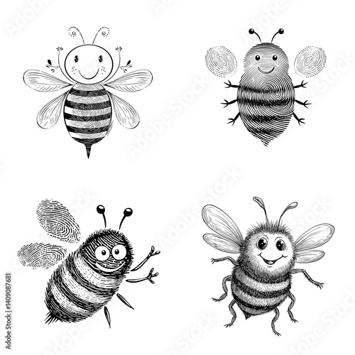 Cute black and white cartoon bees with smiling faces and expressive wings, perfect for children's books, nature illustrations, educational content, or insect-themed designs.

