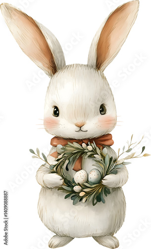 Rabbit holding a wreath of Easter eggs watercolor vintage on transparent background. symbol happy easter png illustration AI-generated 