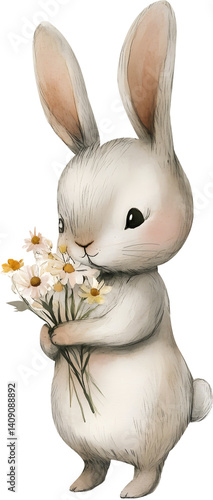 rabbit holding flower watercolor vintage on transparent background. symbol happy easter png illustration AI-generated 