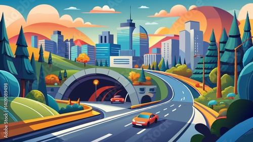 Highway journey road leads to car tunnel entrance, urban travel, 