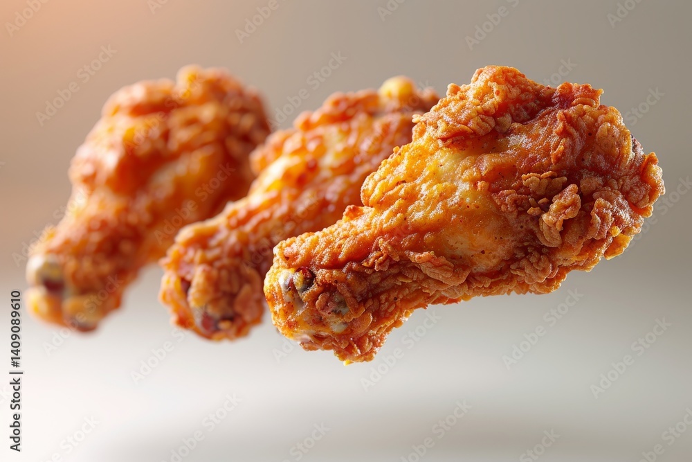 Crispy fried chicken wings presented against a soft background with a warm glow Crispy fried chicken wings presented against a soft background with a warm glow
