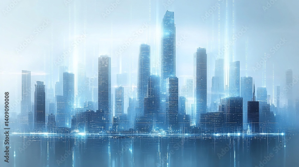 Fototapeta premium Futuristic city skyline with glowing lines, data streams and reflections, in blue and white tones