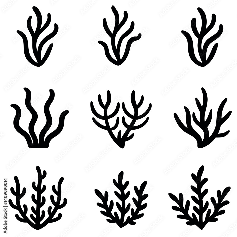 Simple Seaweed Icon Set, Black and White Vector Designs Simple Seaweed Icon Set, Black and White Vector Designs