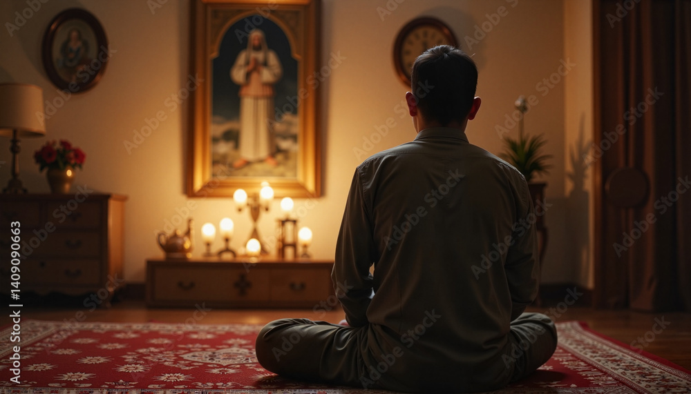 Serene reflection after Tarawih prayers in cozy home, spiritual introspection Serene reflection after Tarawih prayers in cozy home, spiritual introspection