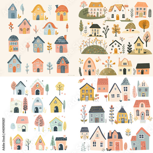 Whimsical collection of colorful cartoon houses with trees and hills in autumn tones, perfect for kids' books, village maps, seasonal decor, or cozy countryside illustrations.

