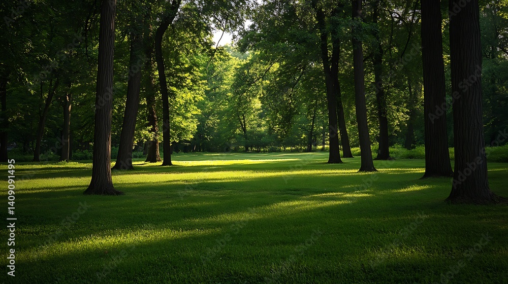 Sunlit Forest Scene Green Grass And Trees Create Shadows And Light In Outdoor Park Atmosphere Sunlit Forest Scene Green Grass And Trees Create Shadows And Light In Outdoor Park Atmosphere