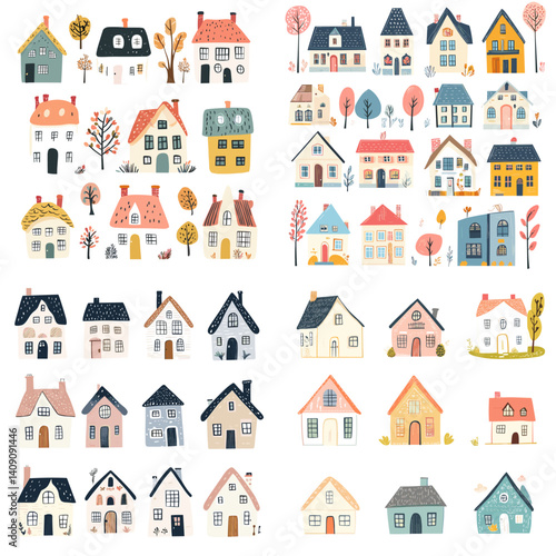 Charming collection of hand-drawn houses with colorful rooftops and trees, ideal for children's books, village illustrations, home decor prints, or cozy neighborhood designs.

