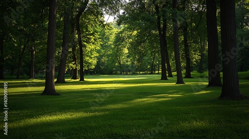 Sunlit Forest Scene Green Grass And Trees Create Shadows And Light In Outdoor Park Atmosphere