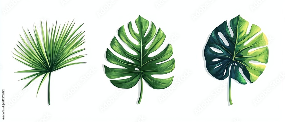 Tropical leaf set: palm, monstera. Tropical leaf set: palm, monstera.