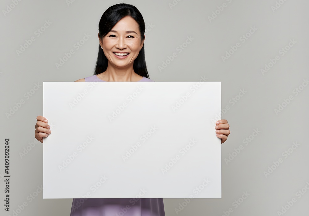 Smiling Woman Holding Blank Sign: A Simple, Elegant Portrait Smiling Woman Holding Blank Sign: A Simple, Elegant Portrait