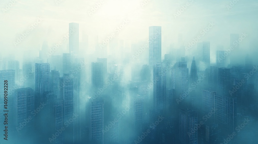 Misty cityscape with towering buildings shrouded in fog creating a surreal and dreamlike view Misty cityscape with towering buildings shrouded in fog creating a surreal and dreamlike view