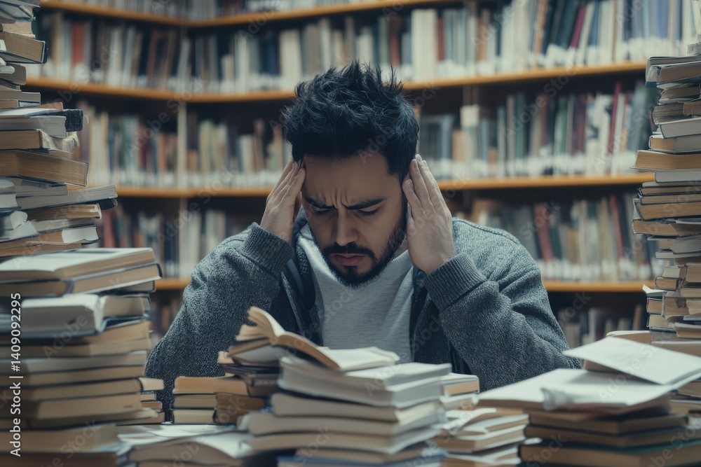 Stressed man overwhelmed by books in a library setting Stressed man overwhelmed by books in a library setting