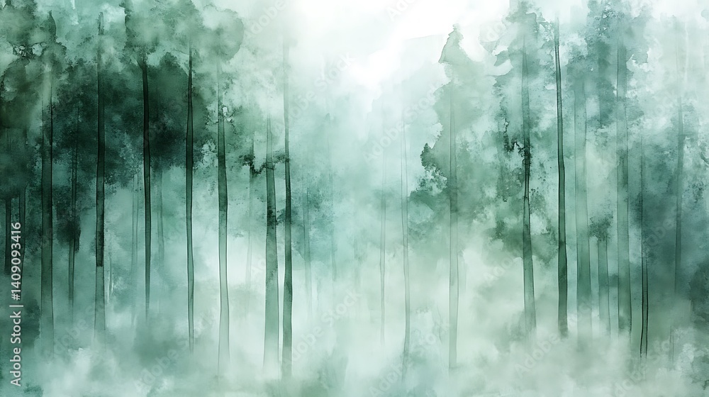 Obraz premium Misty Forest Watercolor Painting with Trees and Atmospheric Haze