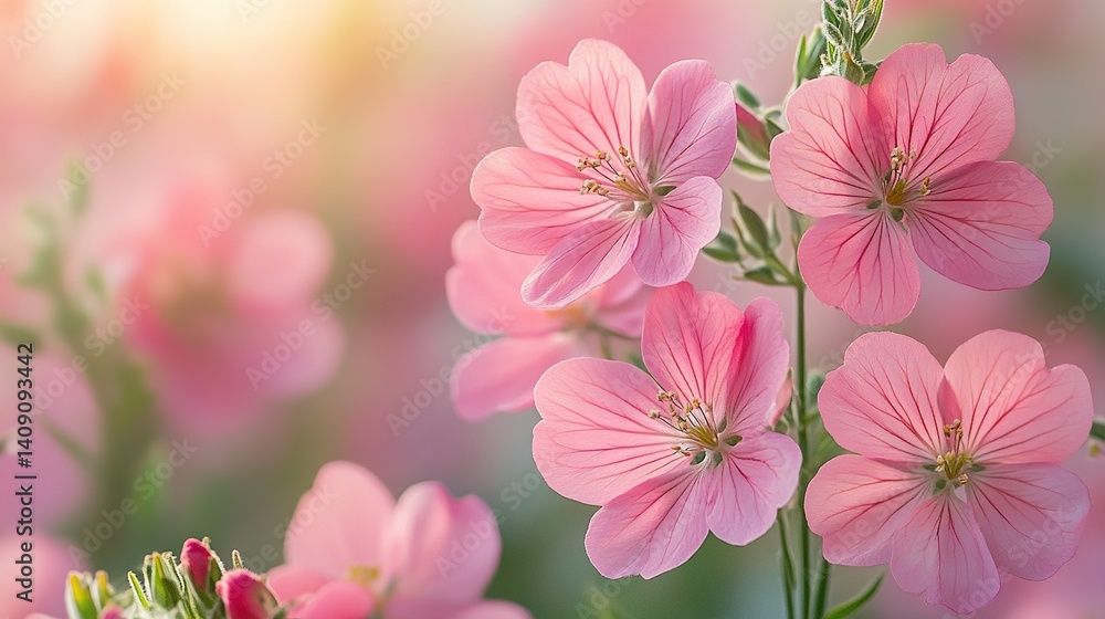 Close-up of wild pink flowers swaying in the breeze, warm sunlight, outdoor nature scene, shallow depth of field Close-up of wild pink flowers swaying in the breeze, warm sunlight, outdoor nature scene, shallow depth of field