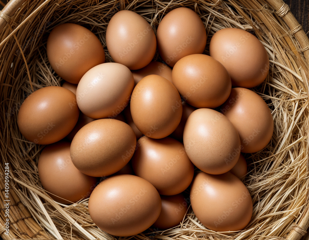 Pile of raw brown chicken eggs in straw Pile of raw brown chicken eggs in straw