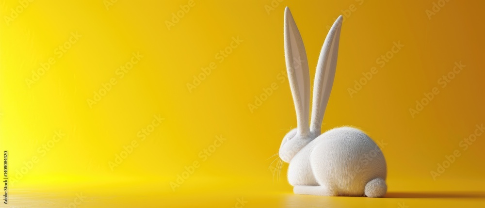 Fluffy White Rabbit Sitting Against Yellow Background