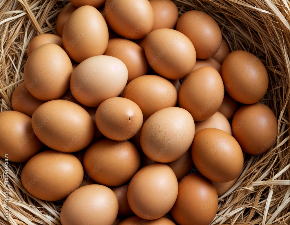 Pile of raw brown chicken eggs in straw Pile of raw brown chicken eggs in straw