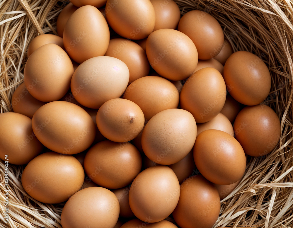 Pile of raw brown chicken eggs in straw Pile of raw brown chicken eggs in straw