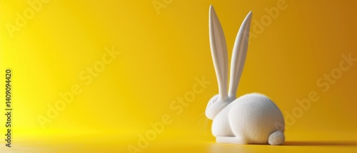 Obraz na płótnie Fluffy White Rabbit Sitting Against Yellow Background w salonie