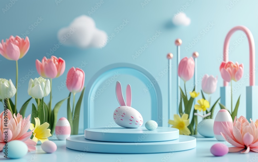 Cute Easter bunny sitting on a pastel blue platform surrounded by spring flowers on blue background