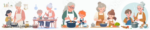 Vector collection of a grandson cooking with his grandmother in the kitchen