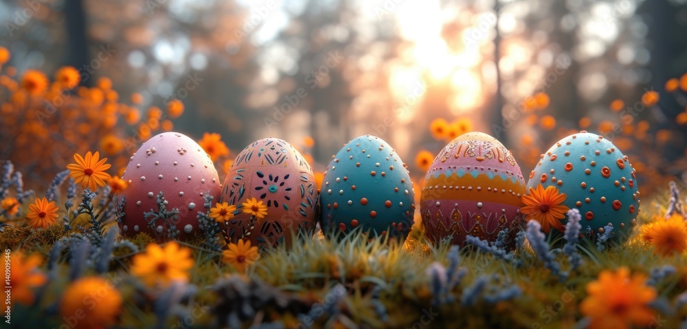 Four intricately decorated Easter eggs rest in a bed of spring flowers and grass bathed in soft sunlight.