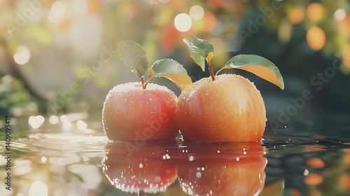 Two Apples Floating On Water Surface with Red and Orange Hues and Blurred Background
