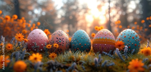 Four intricately decorated Easter eggs rest in a bed of spring flowers and grass bathed in soft sunlight.