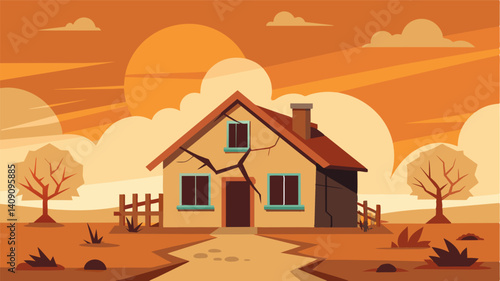 An abandoned farmhouse with broken windows and cracked walls as the farmers family was forced to move away due to the failed harvest caused by the unrelenting hot sun.. Vector illustration