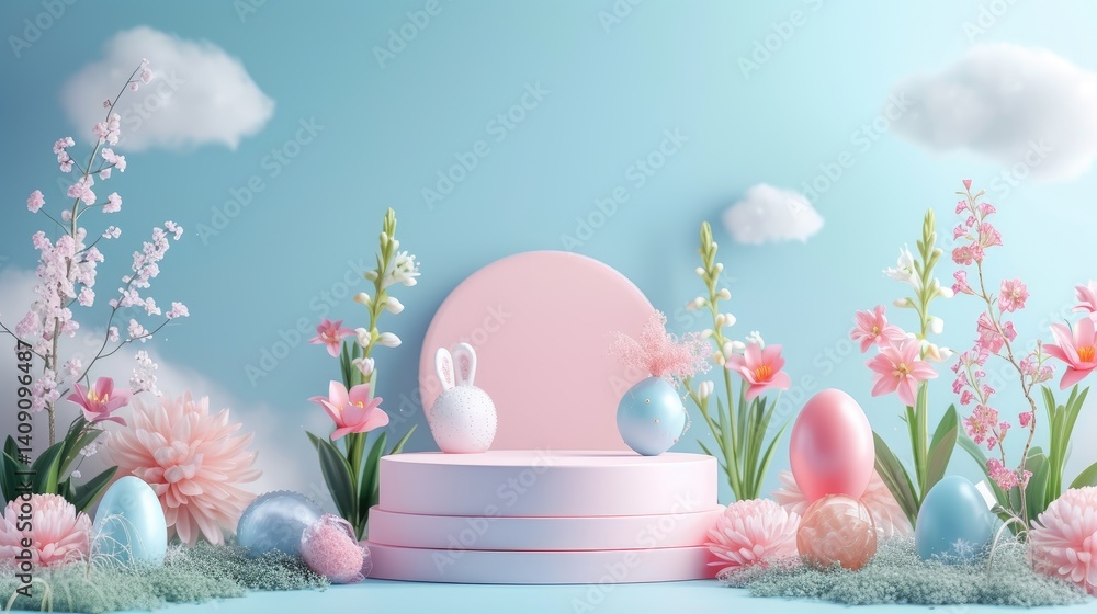 Pastel Easter Podium Display With Bunnies Eggs and Flowers on Blue Background