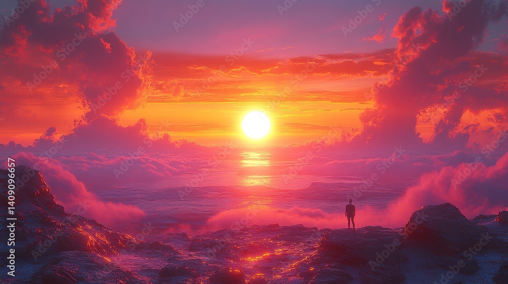 Fototapeta premium Coastal sunset landscape with glowing horizon, textured foreground rocks, and pastel-toned clouds, eye-level perspective, calm and breathtaking view 