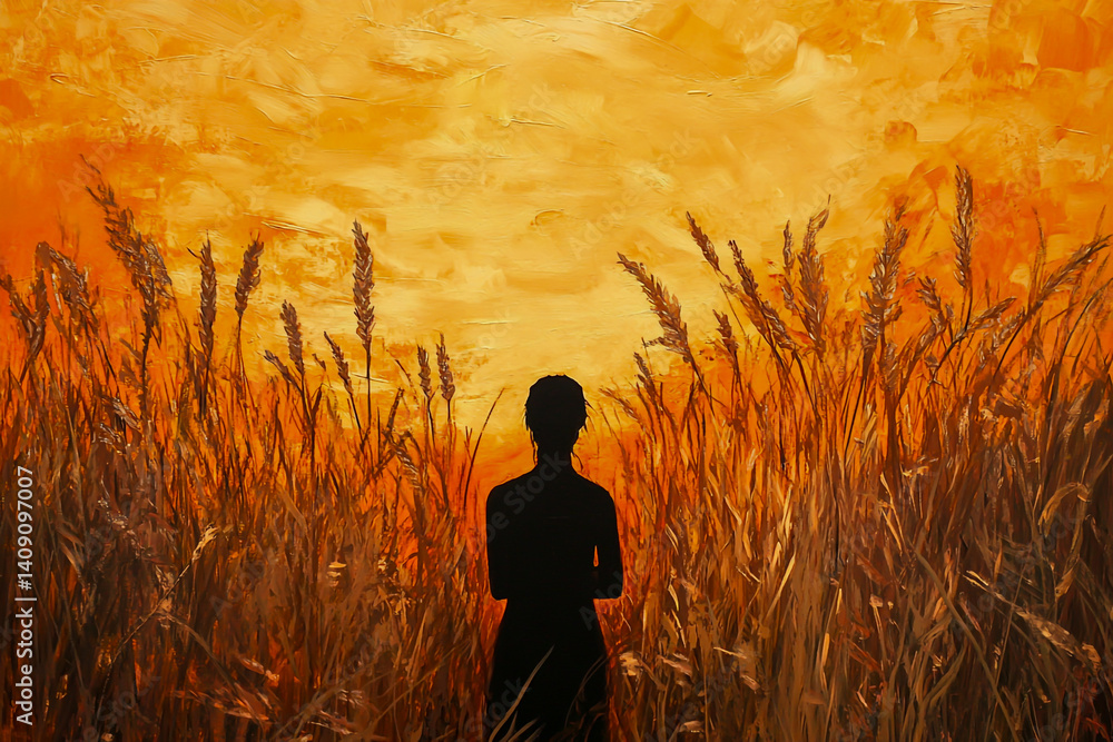 Fototapeta premium A man standing in the tall grass, facing away from us, looks out at a vibrant orange sunset on the horizon.