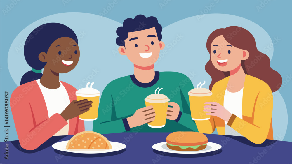 Customers chatting and laughing over plates of steaming hot arepas sipping on sweet and creamy beverages.. Vector illustration Customers chatting and laughing over plates of steaming hot arepas sipping on sweet and creamy beverages.. Vector illustration