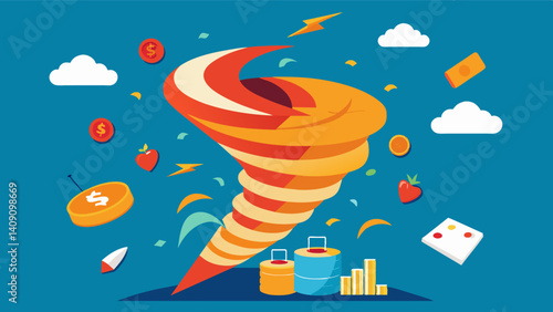 An infographic of a tornado with each destructive swirl representing a different aspect of the economic shock caused by rising grocery prices.. Vector illustration