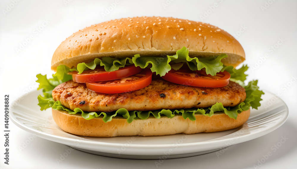 Juicy Chicken Burger with Sesame Bun, Lettuce, and Tomato Juicy Chicken Burger with Sesame Bun, Lettuce, and Tomato