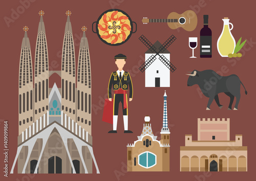 spain flat illustration, vector, symbol, landmark, culture