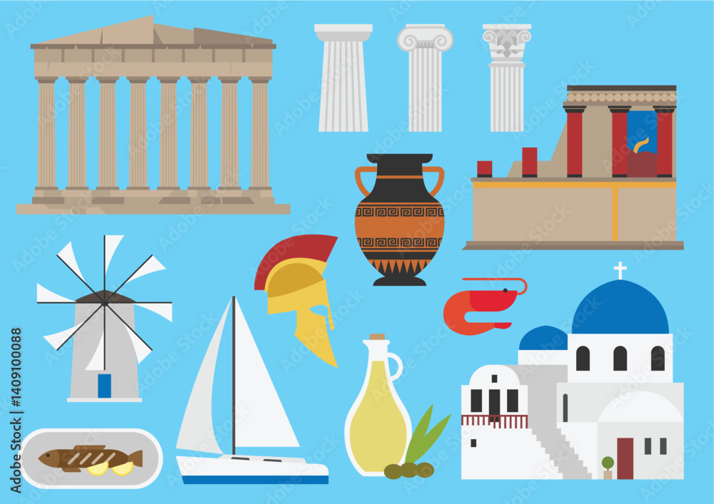Fototapeta premium greece flat illustration, vector, symbol, landmark, culture