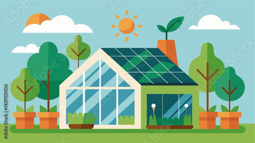 Greenhouse design that incorporates renewable energy sources such as solar panels to reduce carbon footprint and overall energy costs.. Vector illustration
