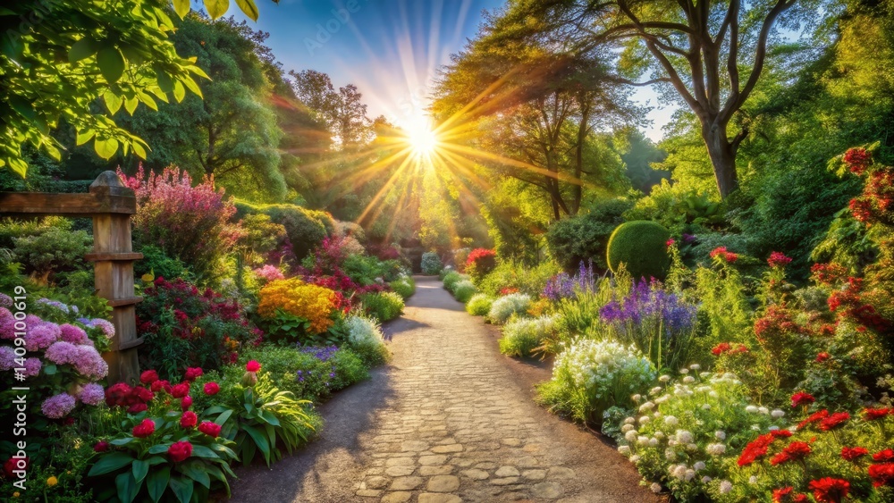 Obraz premium Sunlit Garden Path with Blooming Flowers