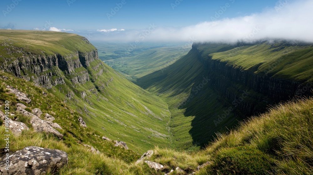 Naklejka premium Mountain valley view, vibrant green landscape, rugged peaks, mist in distance