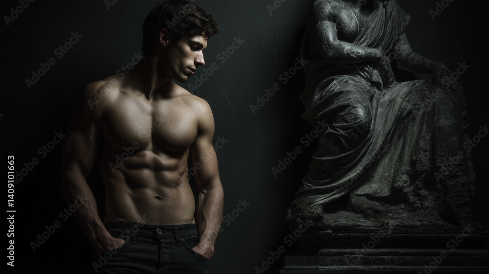 Naklejka premium A man with a muscular body is standing in front of a statue