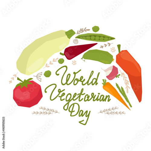 Flat vector illustration celebrating World Vegetarian Day with an assortment of colorful vegetables like tomatoes, carrots, and peas surrounding text. Perfect for promoting vegetarianism.