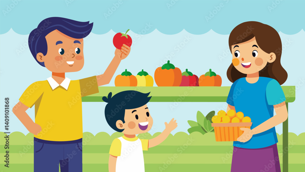 A young child eagerly pointing at the colorful display of fruits as their parent negotiates with the enthusiastic vendor.. Vector illustration A young child eagerly pointing at the colorful display of fruits as their parent negotiates with the enthusiastic vendor.. Vector illustration