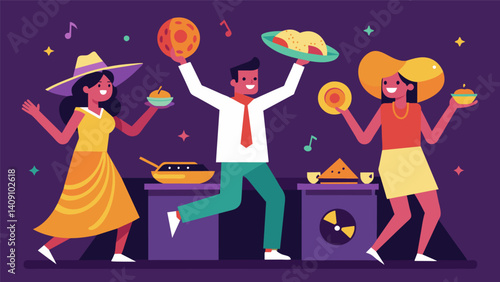 As the night went on the DJ turned up the beat and dancers swirled between the tables their hands full of delicious tacos al pastor.. Vector illustration