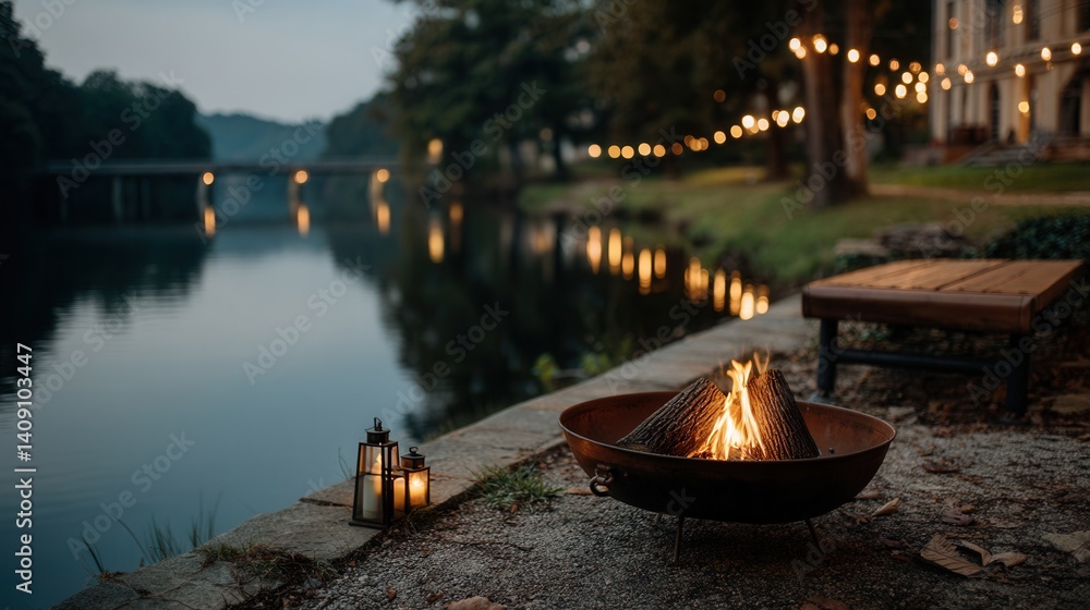 Fototapeta premium Peaceful evening campfire by lakeside with string lights