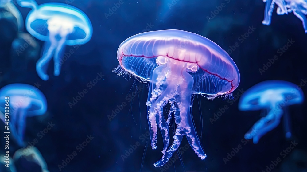 Jellyfish in blue water, underwater magic Jellyfish in blue water, underwater magic
