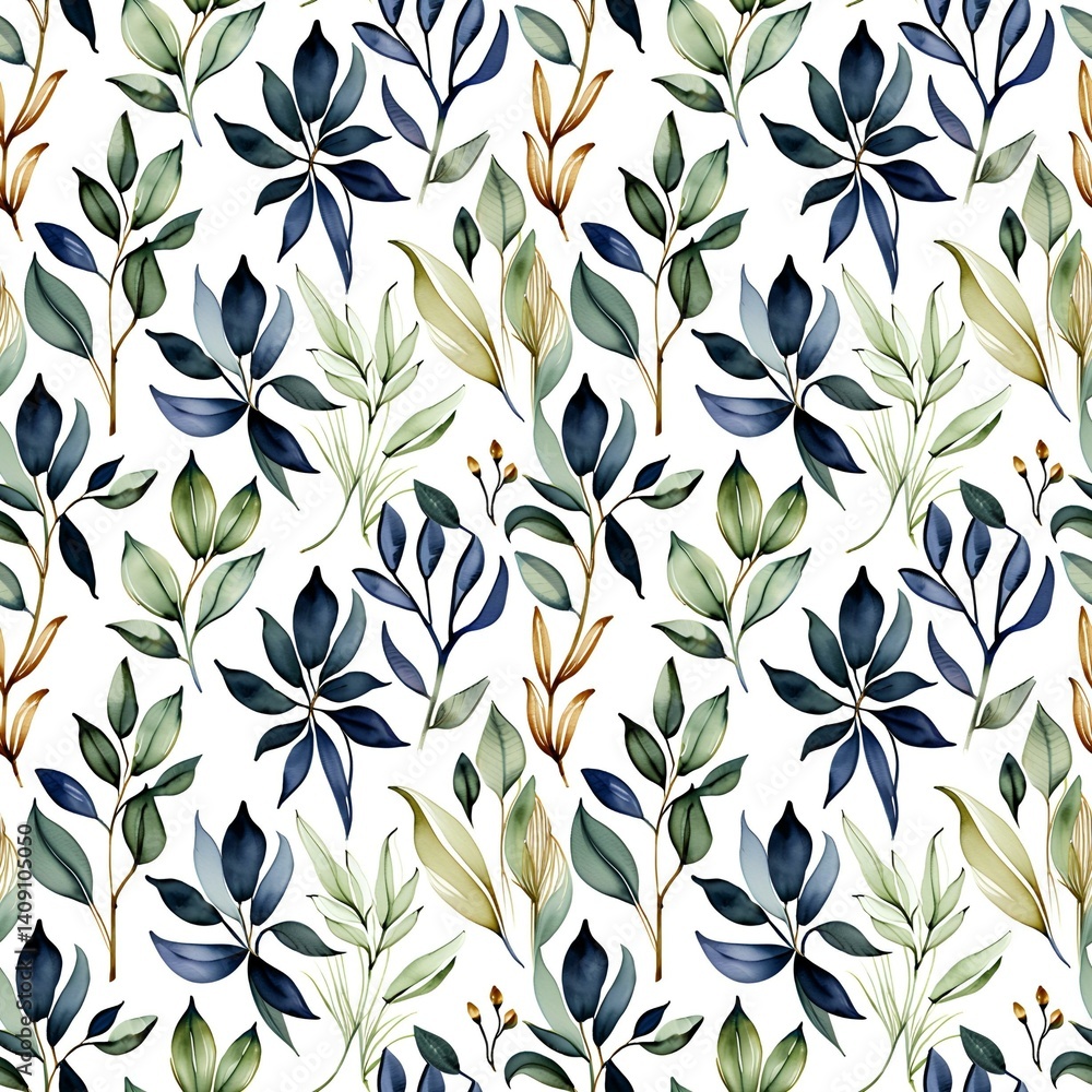 Fototapeta premium A pattern of blue and green leaves on a white background.