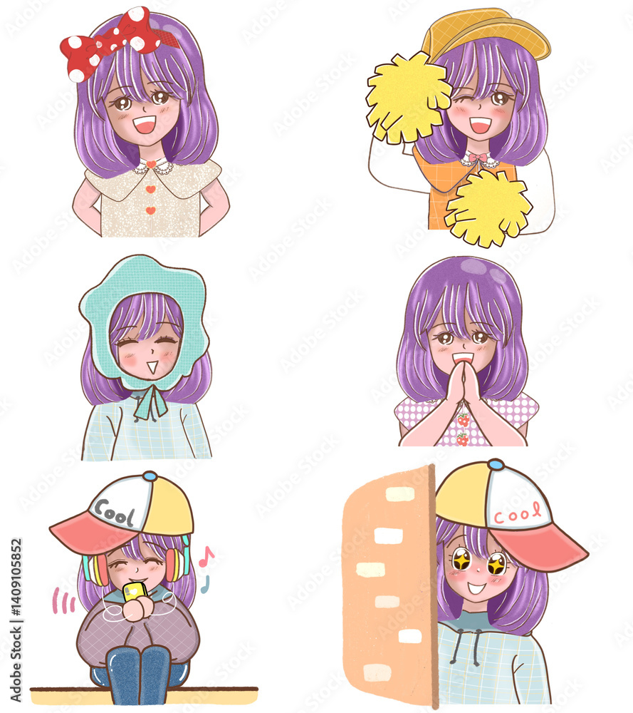 Emoticon icons set of cute girl with various emotions, emoji. PNG Emoticon icons set of cute girl with various emotions, emoji. PNG