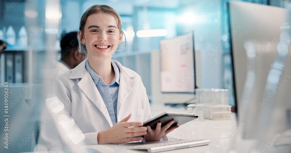 Science, student or portrait of woman in lab for medical research, discovery or genes info. Tablet, learning or scientist intern with pharmaceutical report online for futuristic genetic development Science, student or portrait of woman in lab for medical research, discovery or genes info. Tablet, learning or scientist intern with pharmaceutical report online for futuristic genetic development
