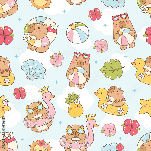 Cute Summer Capybara Seamless Pattern with Floaties, Beach Ball, Flowers and Clouds – Kawaii Animal Background Illustration
